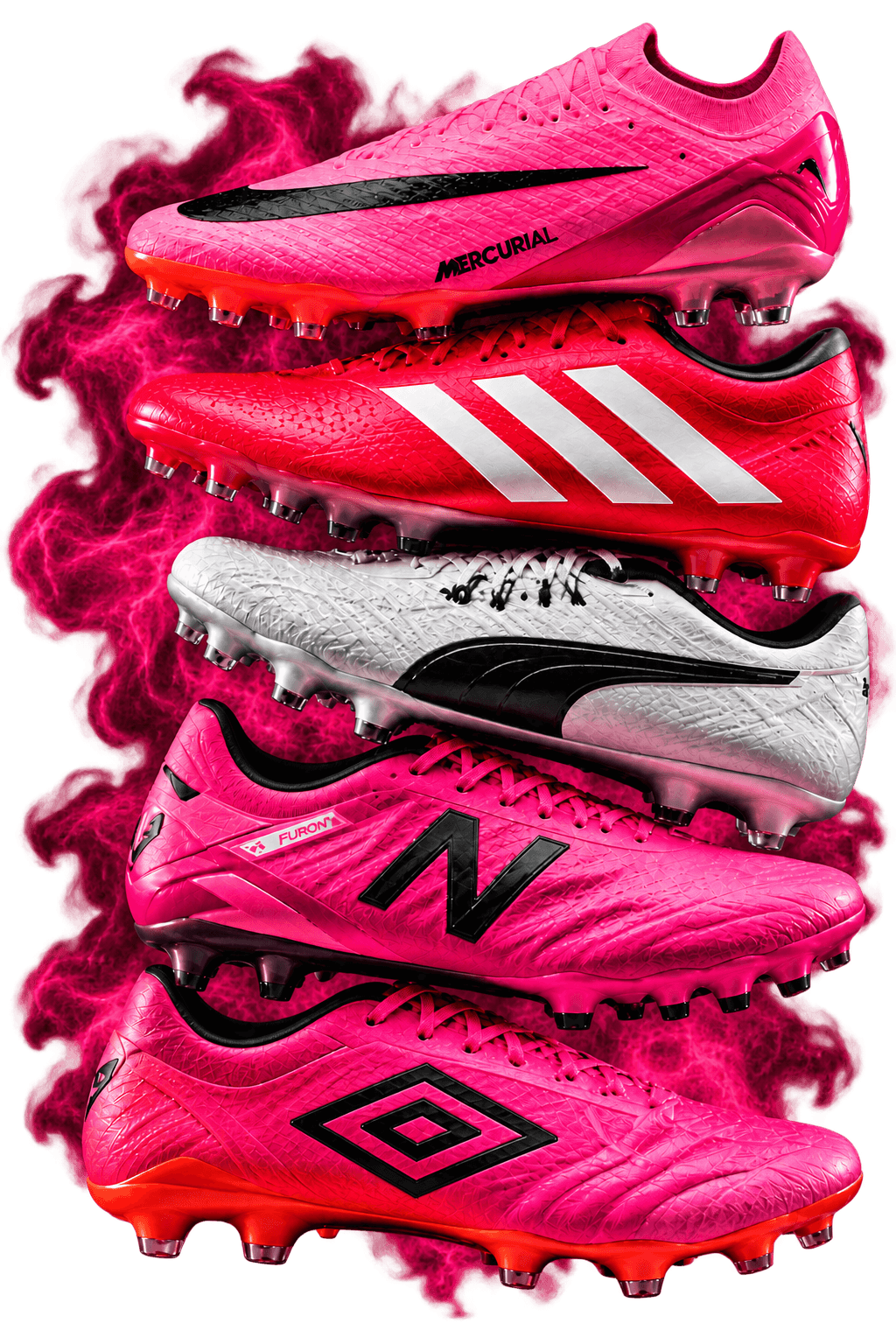 Pilha de cinco chuteiras premium — Nike, adidas, Puma, New Balance e Umbro — em tons de rosa, com fumaça
